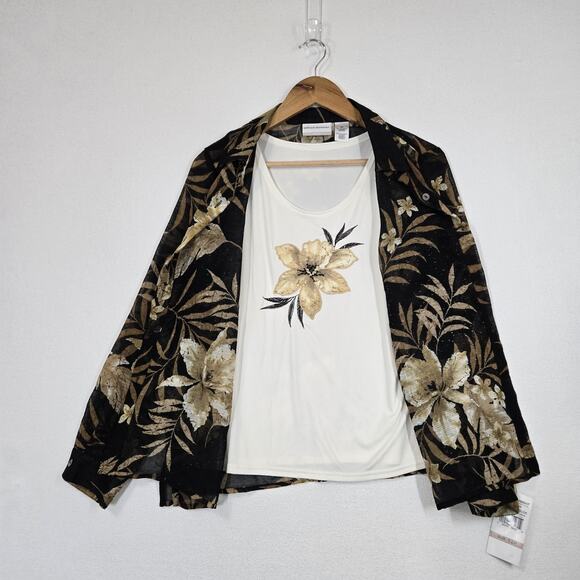 Alfred Dunner 2 in 1 Sheer Top Blouse Attached Tank 12P Black Brown Ivory Floral - Picture 6 of 15